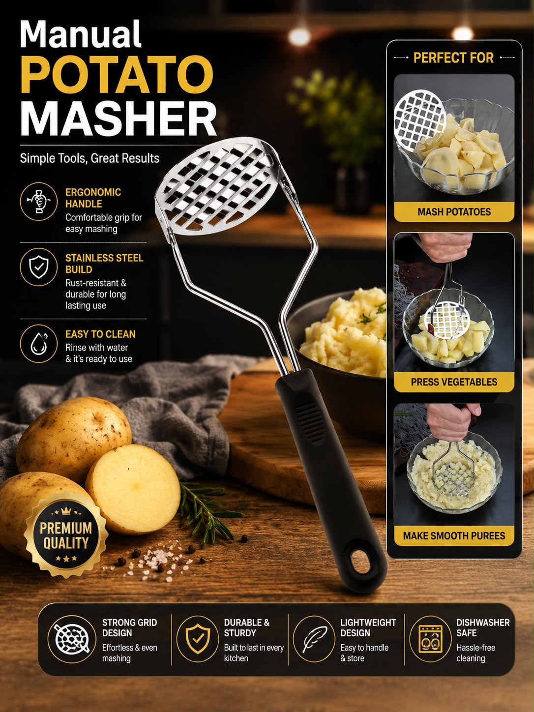 STAINLESS STEEL POTATO & GARLIC MASHER